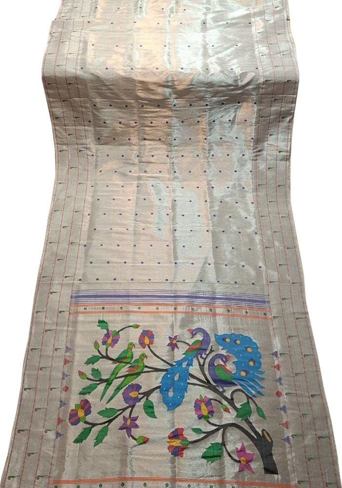 Silver Handloom Paithani Pure Silk Triple Muniya Border Saree