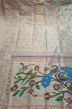 Silver Handloom Paithani Pure Silk Triple Muniya Border Saree - Luxurion World