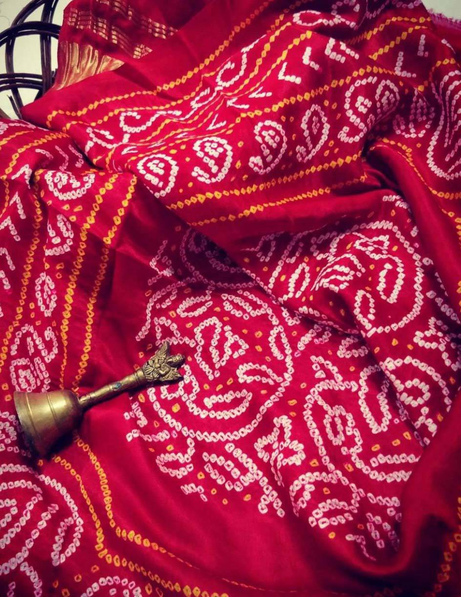 Red Bandhani Gajji Silk Dupatta - Luxurion World
