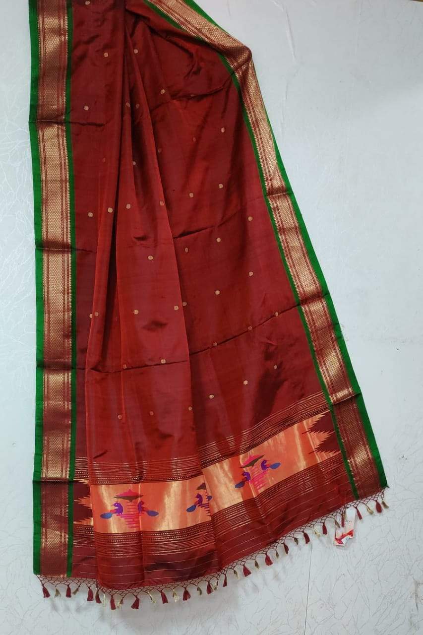 Maroon And Brown Handloom Paithani Pure Silk Peacock Design Dupatta - Luxurion World