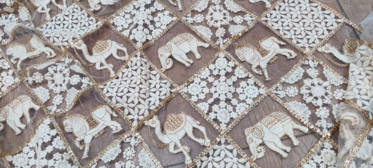 Dyeable Sequence Work Trendy Net Embroidered Fabric (1 mtr) - Luxurion World