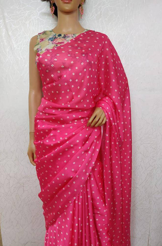 Pink Trendy Bandhani Print Georgette Satin Silk Saree - Luxurion World