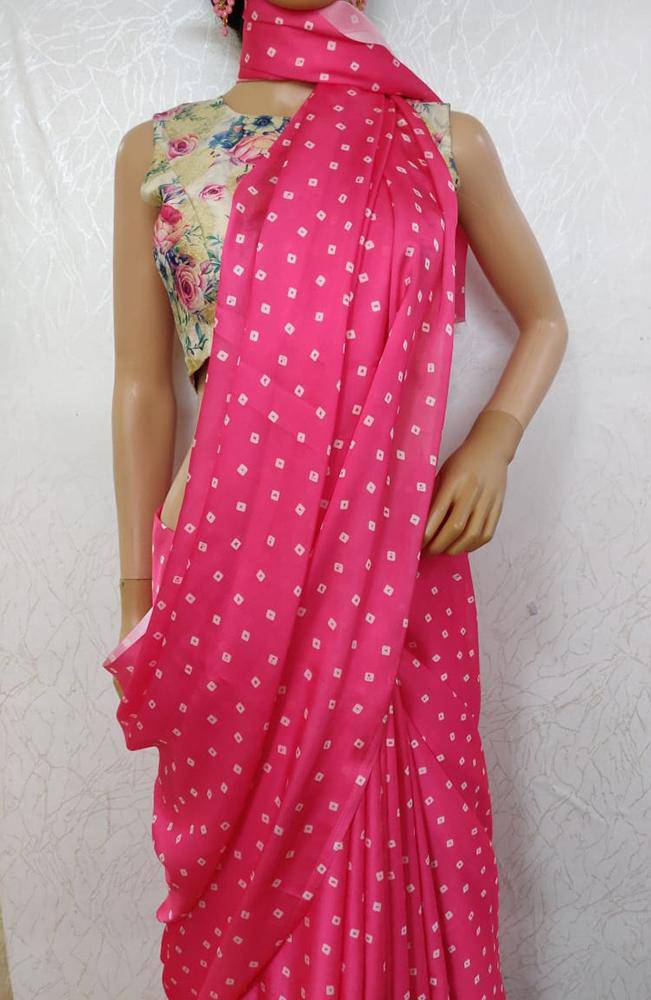 Pink Trendy Bandhani Print Georgette Satin Silk Saree - Luxurion World