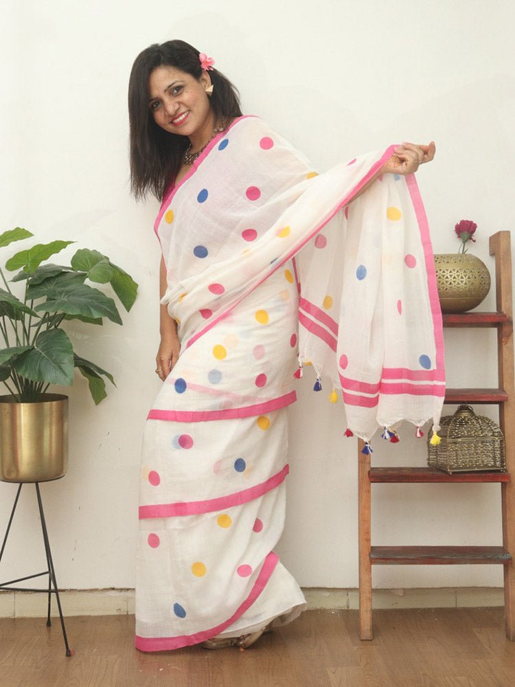 Stylish White Bengal Cotton Polka Dots Saree - Luxurion World