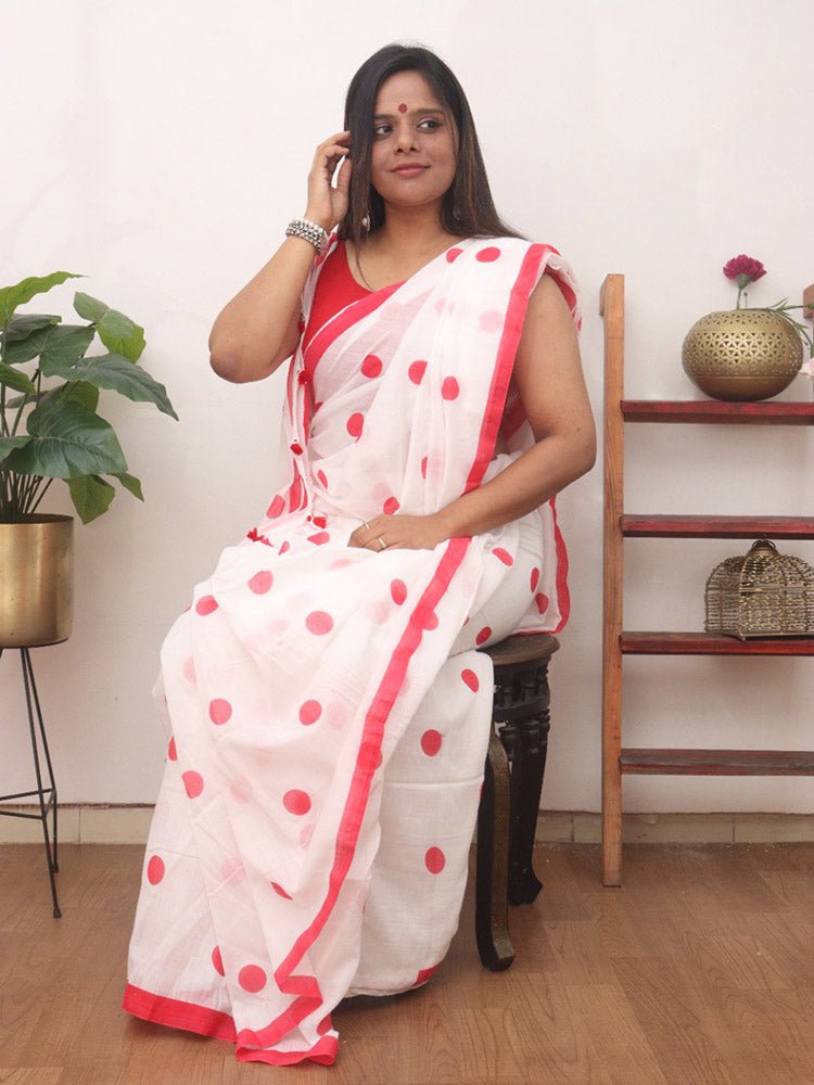 White Bengal Cotton Polka Dots Saree - Luxurion World