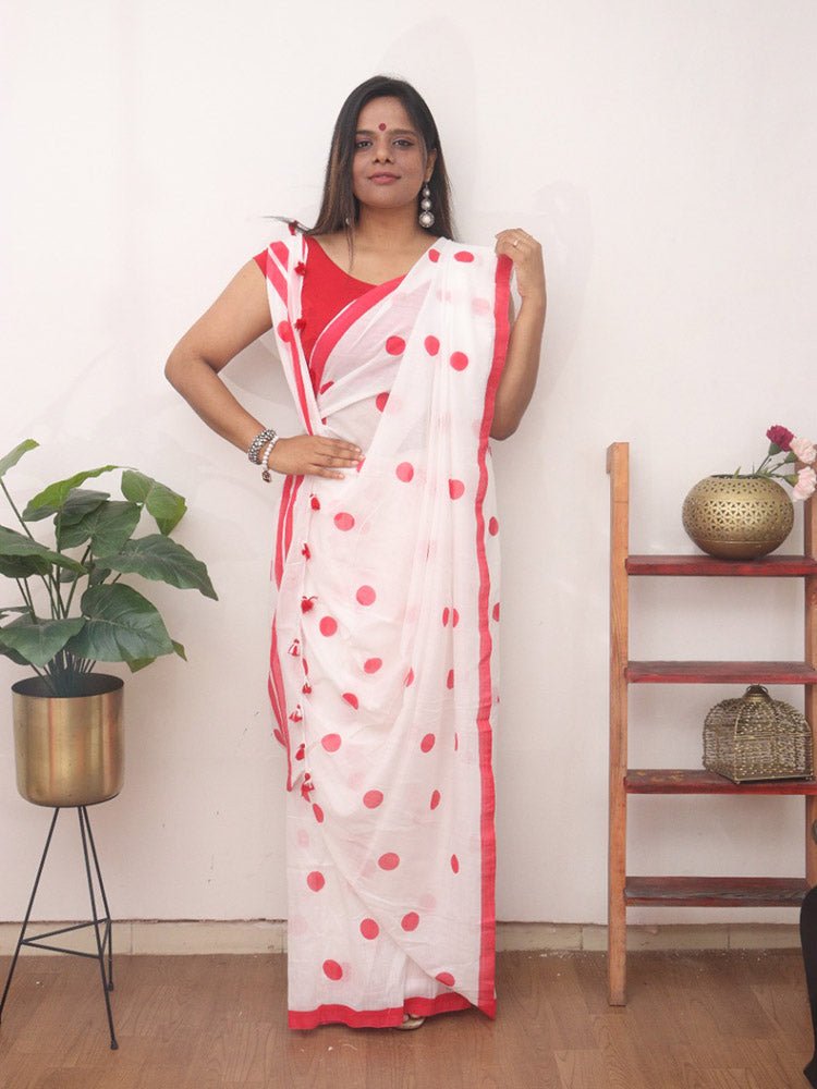 White Bengal Cotton Polka Dots Saree - Luxurion World