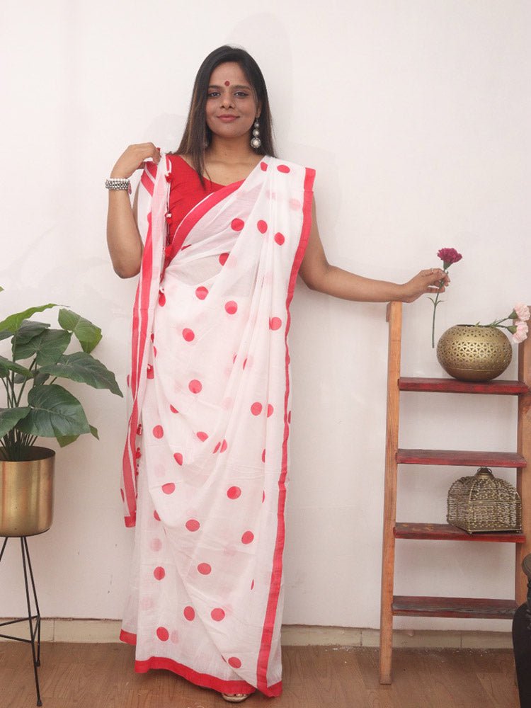 White Bengal Cotton Polka Dots Saree - Luxurion World