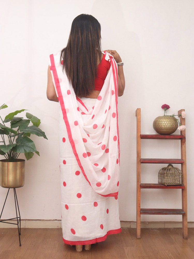 White Bengal Cotton Polka Dots Saree - Luxurion World