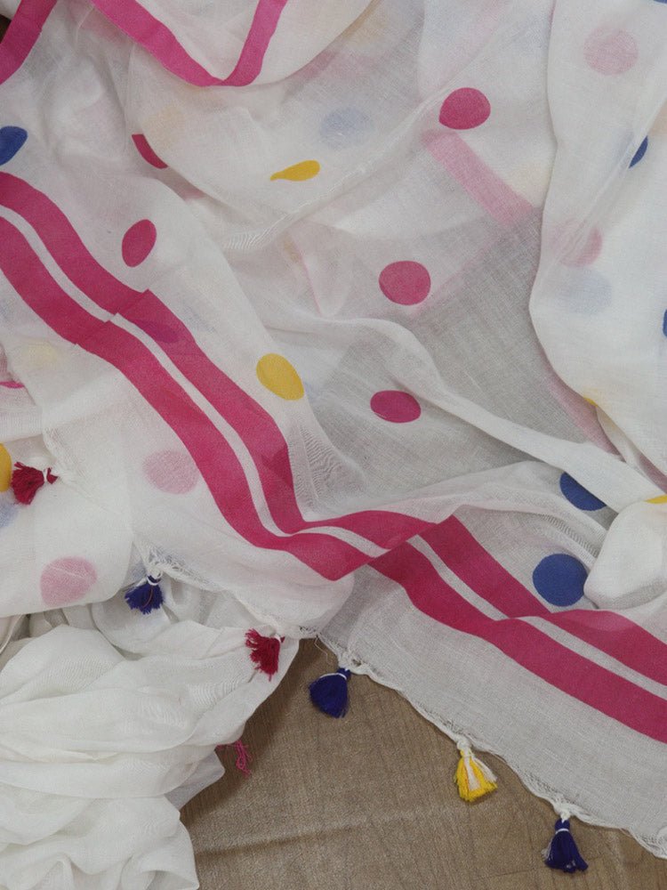Stylish White Bengal Cotton Polka Dots Saree - Luxurion World