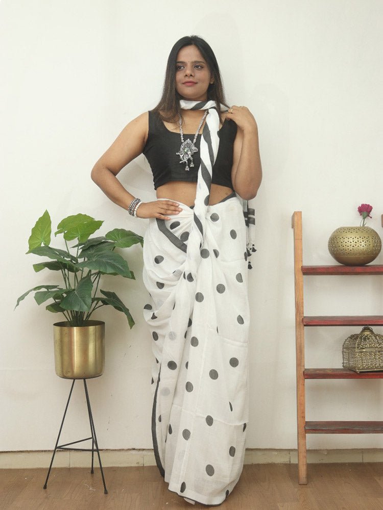 White Bengal Cotton Polka Dots Saree - Luxurion World