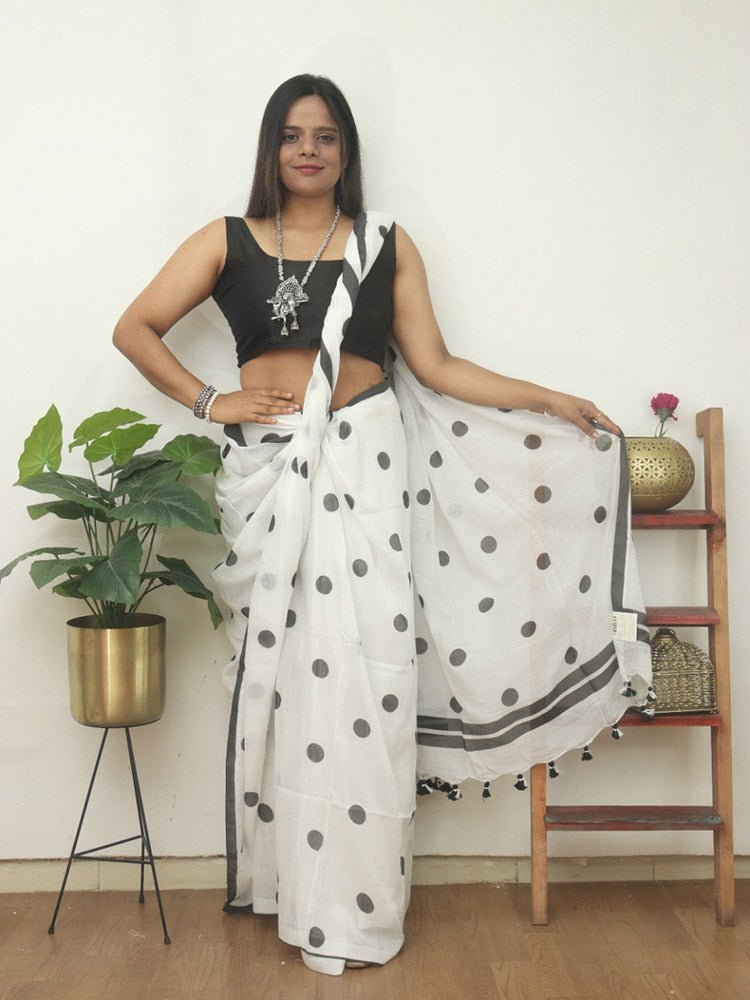 White Bengal Cotton Polka Dots Saree - Luxurion World
