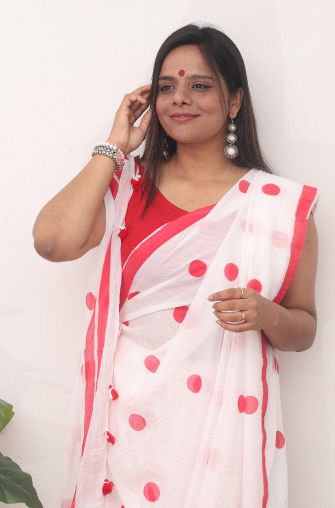 White Bengal Cotton Polka Dots Saree - Luxurion World