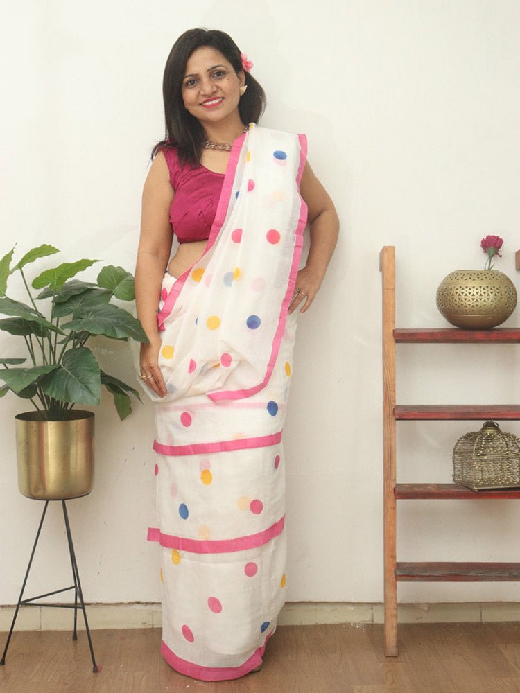 Stylish White Bengal Cotton Polka Dots Saree - Luxurion World