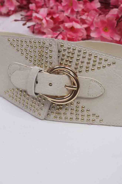 White Broad Faux Leather Elastic Gold Bead Design Belt Luxurionworld