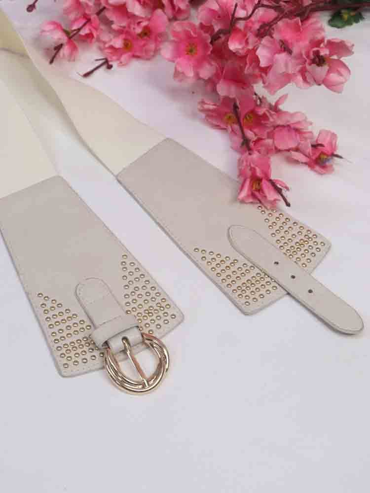 White Broad Faux Leather Elastic Gold Bead Design Belt Luxurionworld