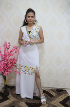 White Crepe Front Slit Dress With Hand Embroidered Work On Neck - Luxurion World