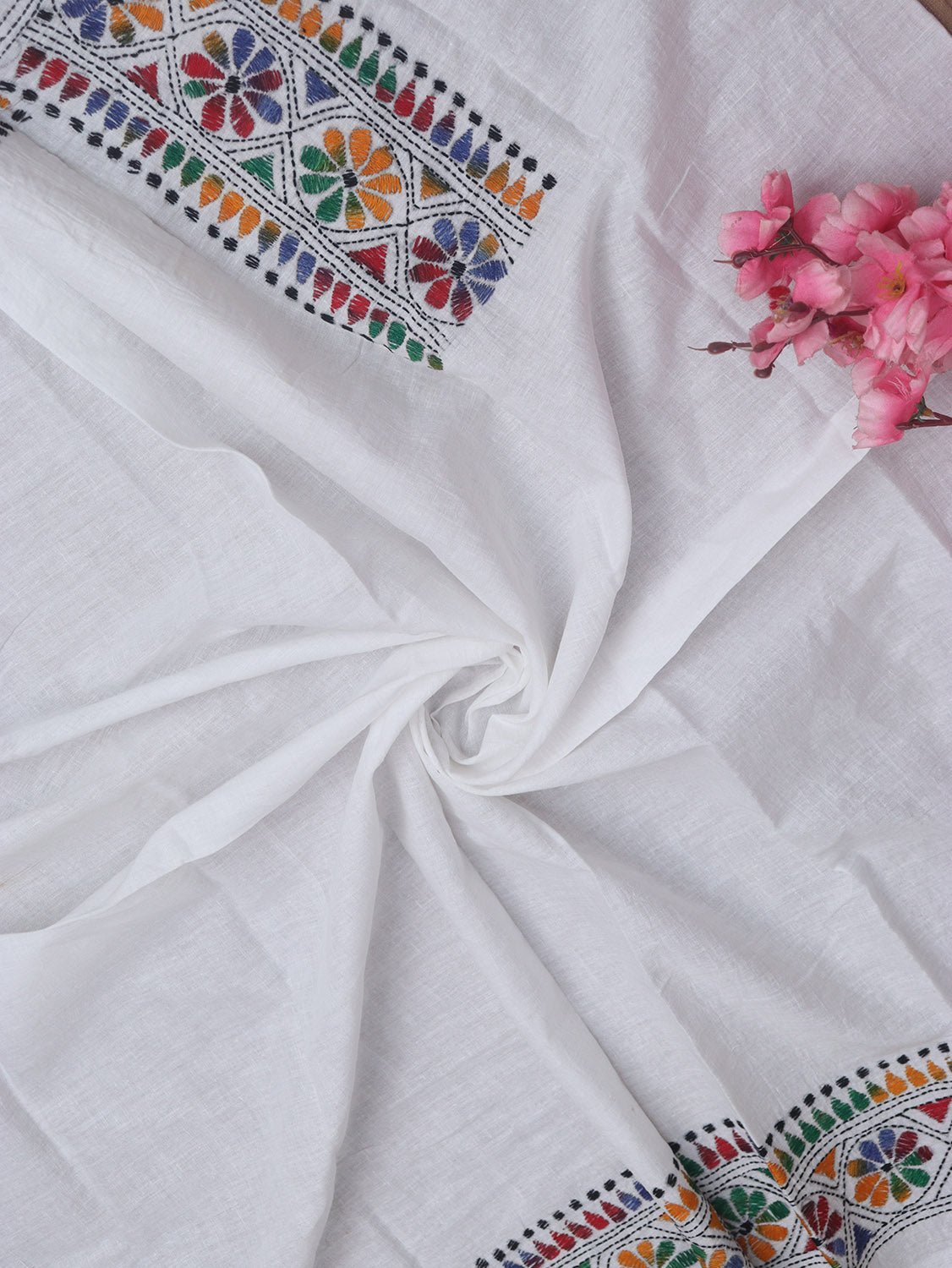 White Embroidered Kantha Cotton Blouse Piece Fabric ( 1 Mtr )