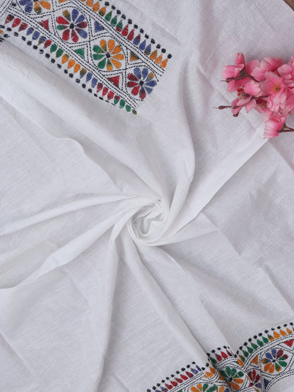 White Embroidered Kantha Cotton Blouse Piece Fabric ( 1 Mtr ) - Luxurion World