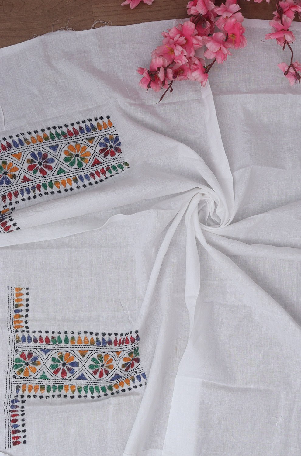 White Embroidered Kantha Cotton Blouse Piece Fabric ( 1 Mtr ) - Luxurion World