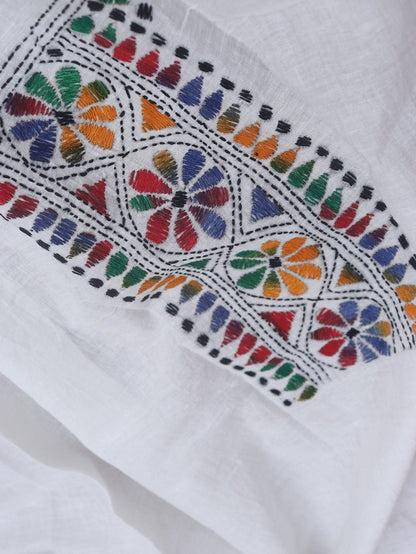 White Embroidered Kantha Cotton Blouse Piece Fabric ( 1 Mtr )