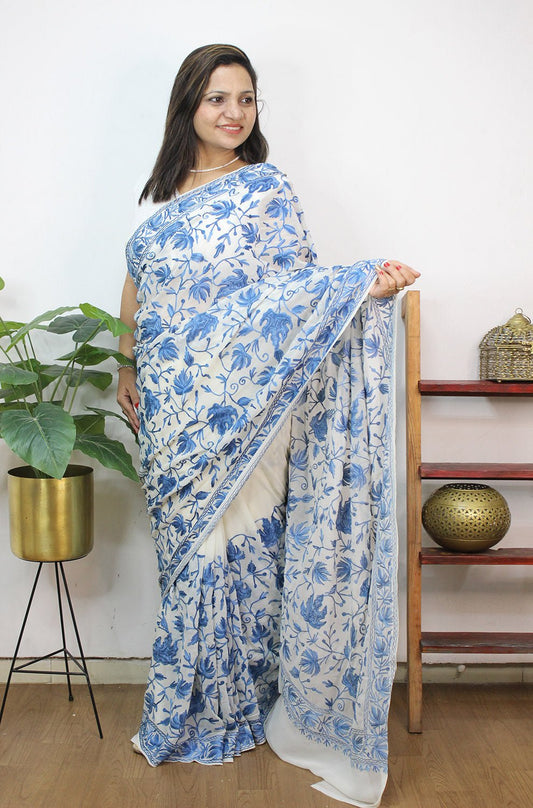 White Embroidered Kashmiri Aari Work Georgette Saree - Luxurion World