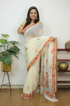 White Embroidered Kashmiri Aari Work Georgette Saree - Luxurion World