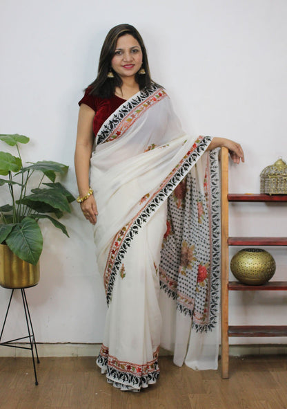 White Embroidered Kashmiri Aari Work Georgette Saree - Luxurion World