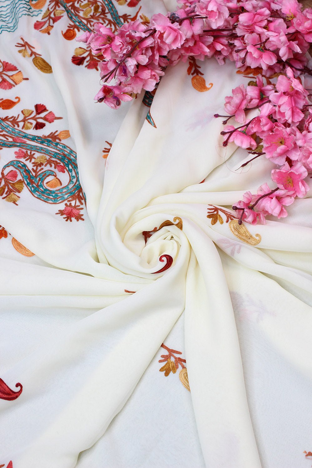 White Embroidered Kashmiri Aari Work Georgette Saree - Luxurion World