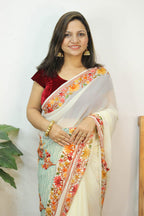 White Embroidered Kashmiri Aari Work Georgette Saree - Luxurion World