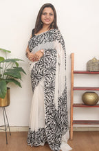 White Embroidered Kashmiri Aari Work Georgette Saree - Luxurion World