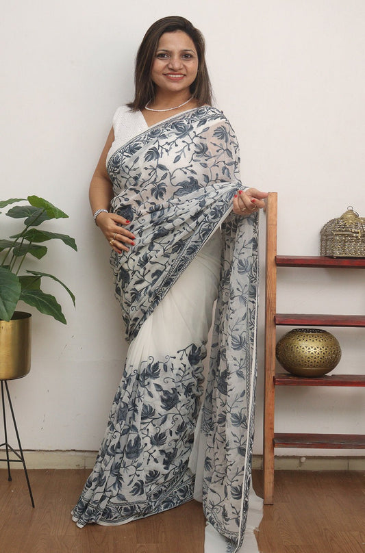 White Embroidered Kashmiri Aari Work Georgette Saree - Luxurion World