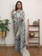 White Embroidered Kashmiri Aari Work Georgette Saree - Luxurion World