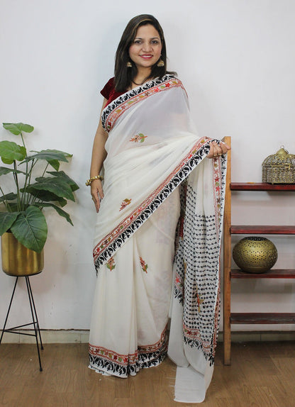 White Embroidered Kashmiri Aari Work Georgette Saree - Luxurion World