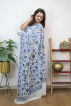White Embroidered Kashmiri Aari Work Georgette Saree - Luxurion World