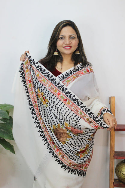 White Embroidered Kashmiri Aari Work Georgette Saree - Luxurion World