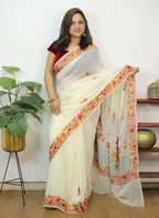 White Embroidered Kashmiri Aari Work Georgette Saree - Luxurion World