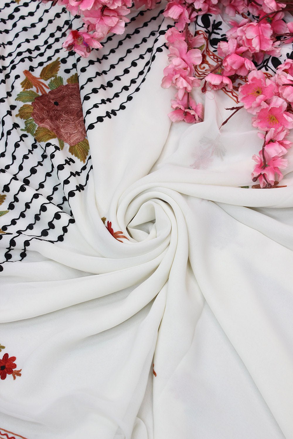 White Embroidered Kashmiri Aari Work Georgette Saree - Luxurion World