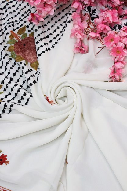 White Embroidered Kashmiri Aari Work Georgette Saree - Luxurion World