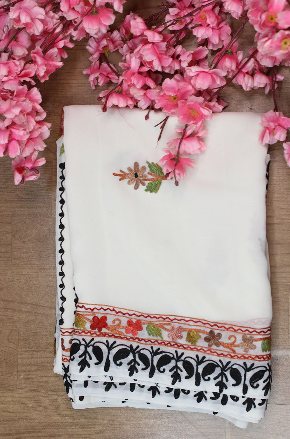 White Embroidered Kashmiri Aari Work Georgette Saree - Luxurion World
