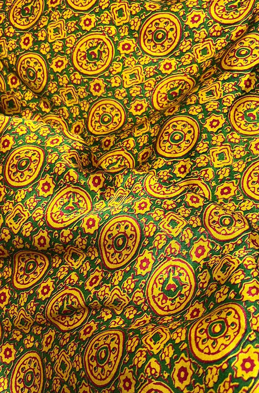Yellow Ajrakh Work Modal Silk Fabric ( 1 Mtr )