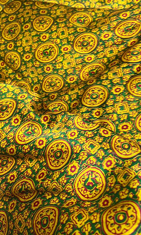 Yellow Ajrakh Work Modal Silk Fabric ( 1 Mtr )