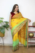 Yellow And Blue Embroidered Kashmiri Aari Work Georgette Saree - Luxurion World