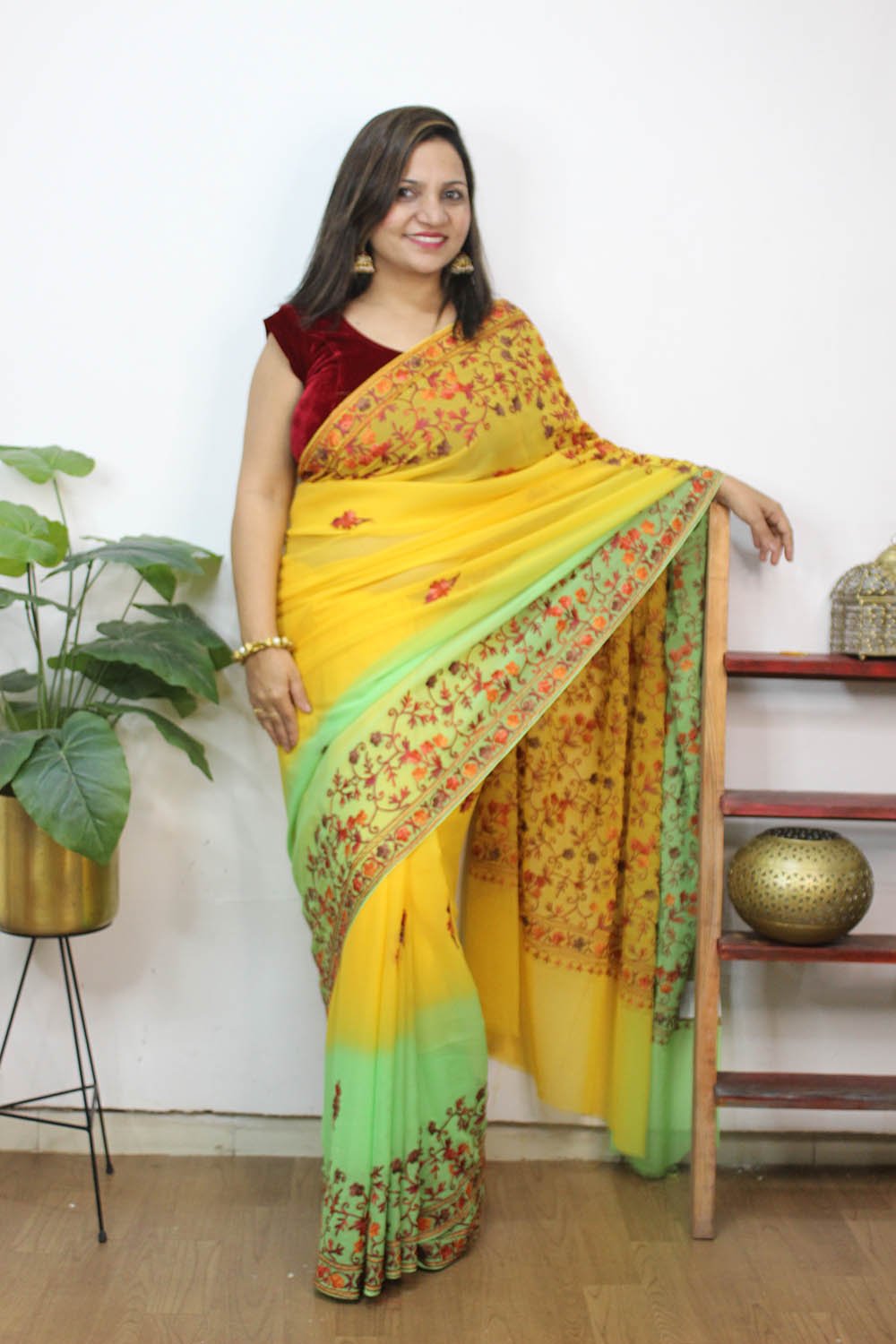 Yellow And Blue Embroidered Kashmiri Aari Work Georgette Saree - Luxurion World