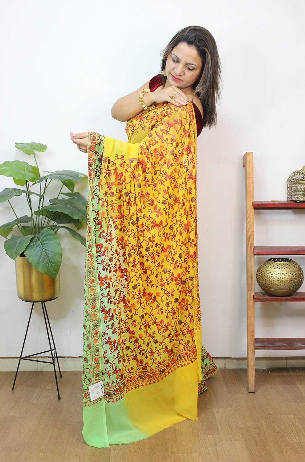 Yellow And Blue Embroidered Kashmiri Aari Work Georgette Saree - Luxurion World