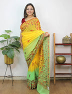 Yellow And Blue Embroidered Kashmiri Aari Work Georgette Saree - Luxurion World
