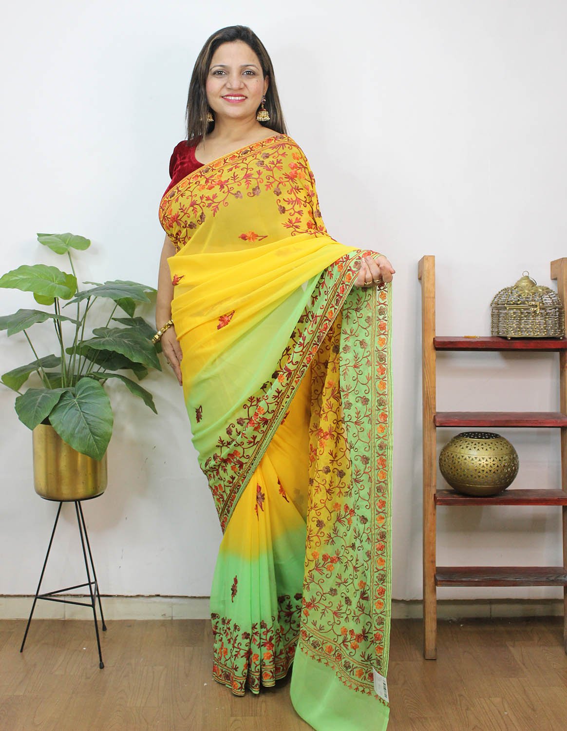 Yellow And Blue Embroidered Kashmiri Aari Work Georgette Saree - Luxurion World