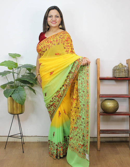 Yellow And Blue Embroidered Kashmiri Aari Work Georgette Saree - Luxurion World