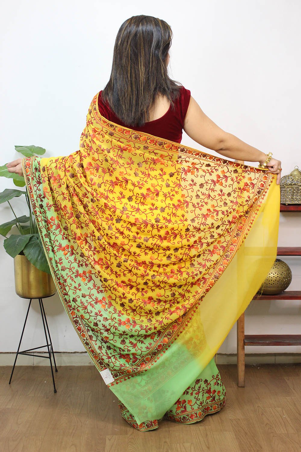 Yellow And Blue Embroidered Kashmiri Aari Work Georgette Saree - Luxurion World