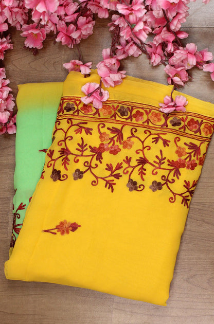 Yellow And Blue Embroidered Kashmiri Aari Work Georgette Saree - Luxurion World