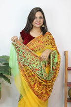 Yellow And Blue Embroidered Kashmiri Aari Work Georgette Saree - Luxurion World